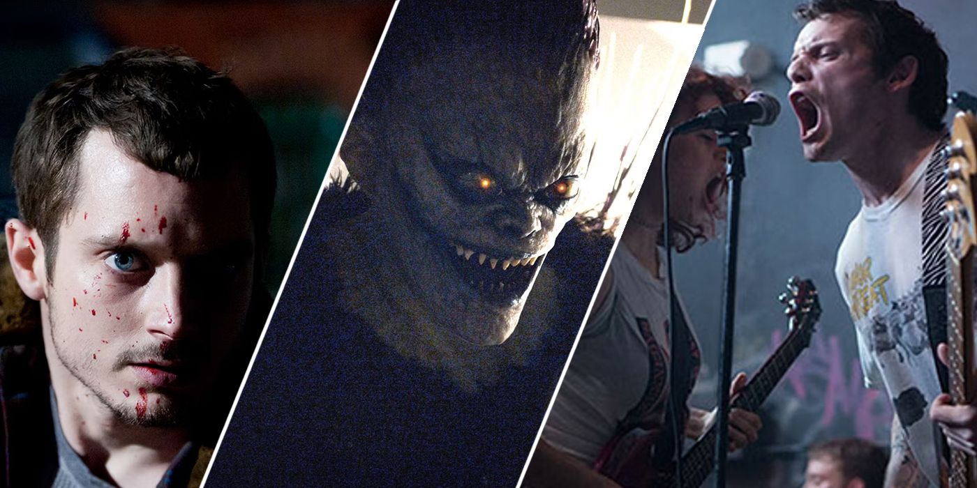 Elijah Wood in 'Maniac' (2012); Willem Dafoe as Ryuk in 'Death Note' (2017); Alia Shawkat and Anton Yelchin in 'Green Room' (2015)