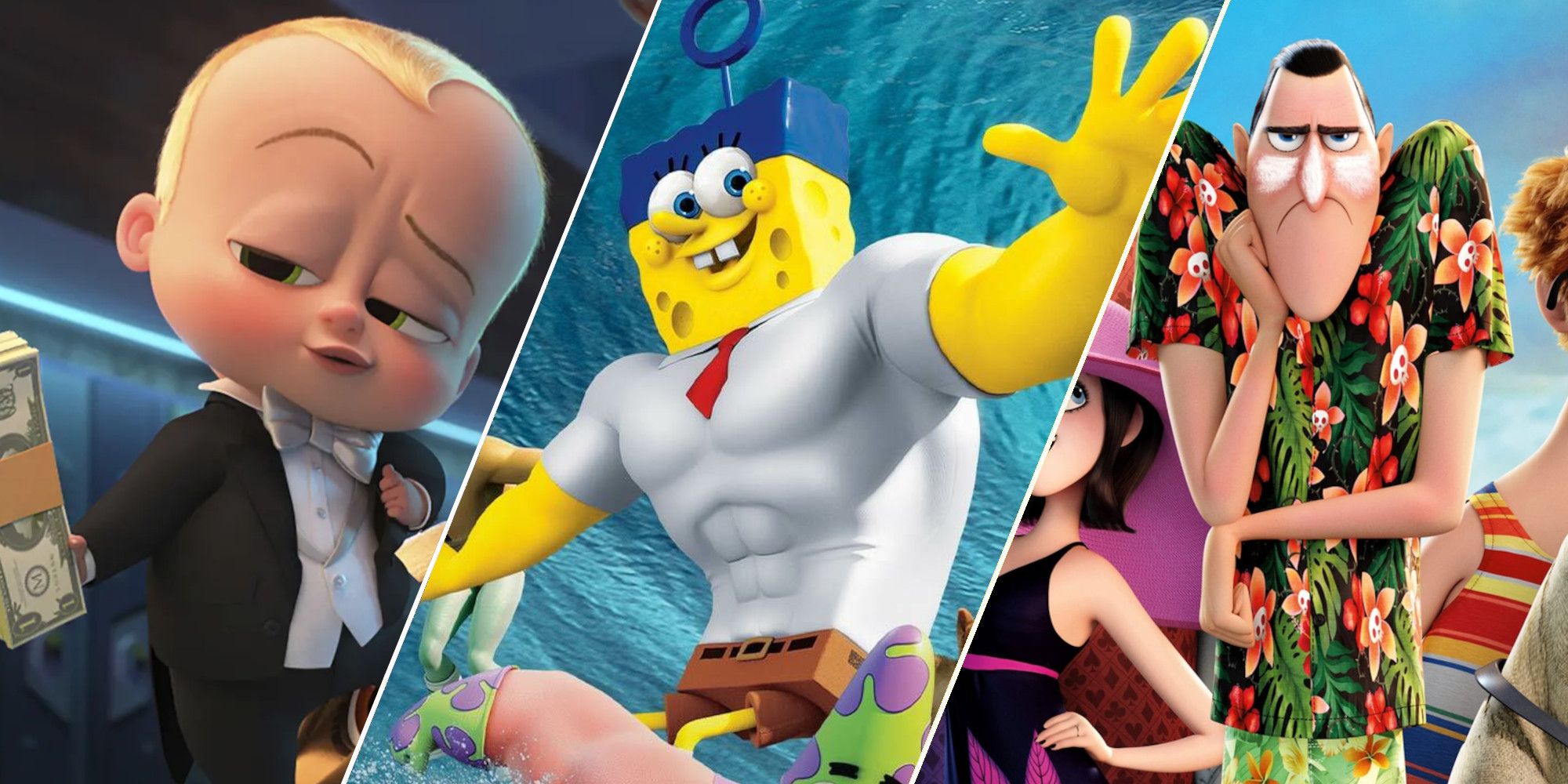 A collage of underrated animated movie sequels, featuring stills from The Boss Baby: Family Business, The SpongeBob Movie: Sponge Out of Water, and Hotel Transylvania 3: Summer Vacation