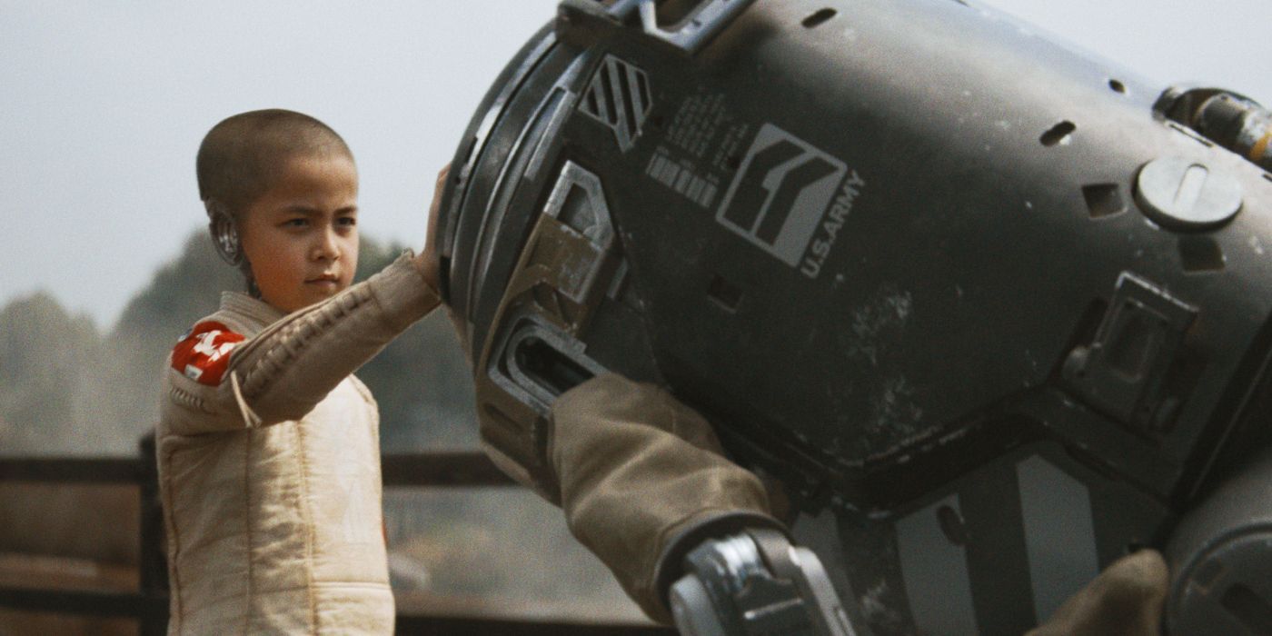 Madeleine Yuna Voyles petting a robot in The Creator 