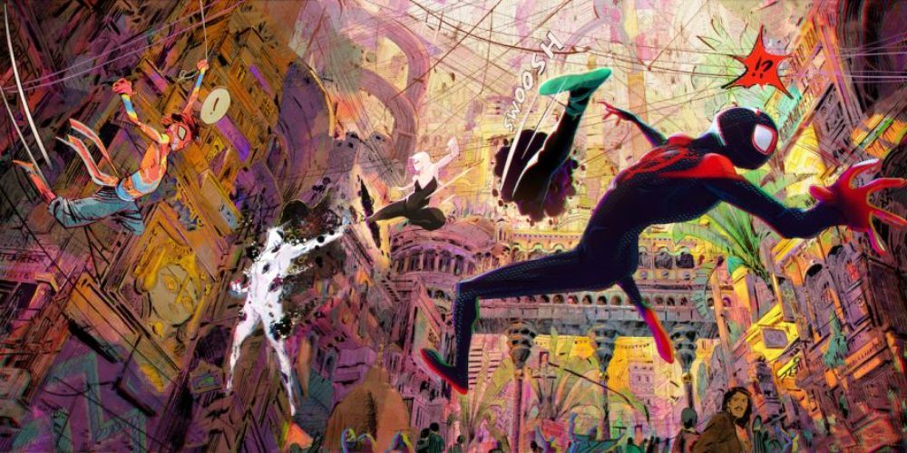 Miles Morales, Spider-Gwen, and Spider-Man India fighting The Spot in 'Spider-Man: Across the Spider-Verse