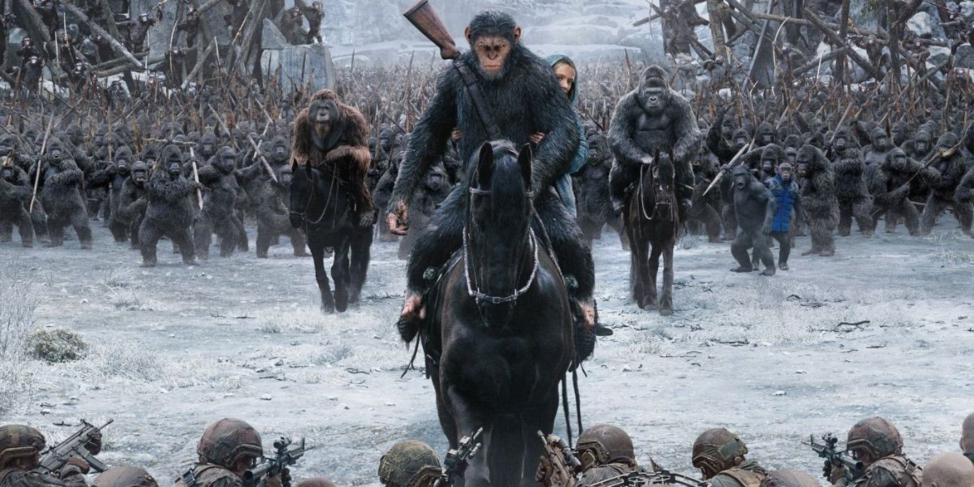Caesar (Andy Serkis) on a horse with an army of apes holding spears behind him in 2017's War for the Planet of the Apes