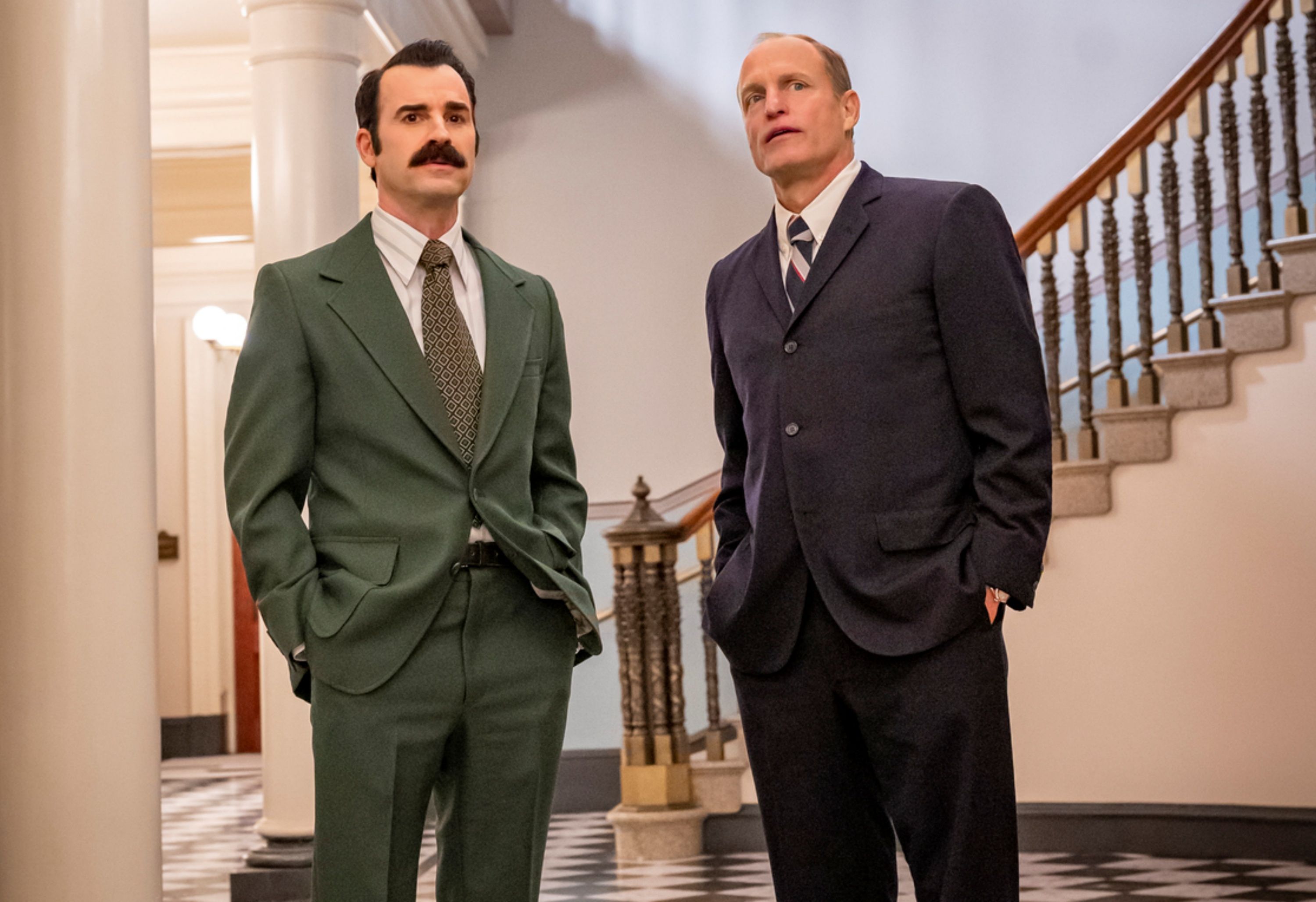 Woody Harrelson as E. Howard Hunt and Justin Theroux as G. Gordon Liddy in White House Plumbers