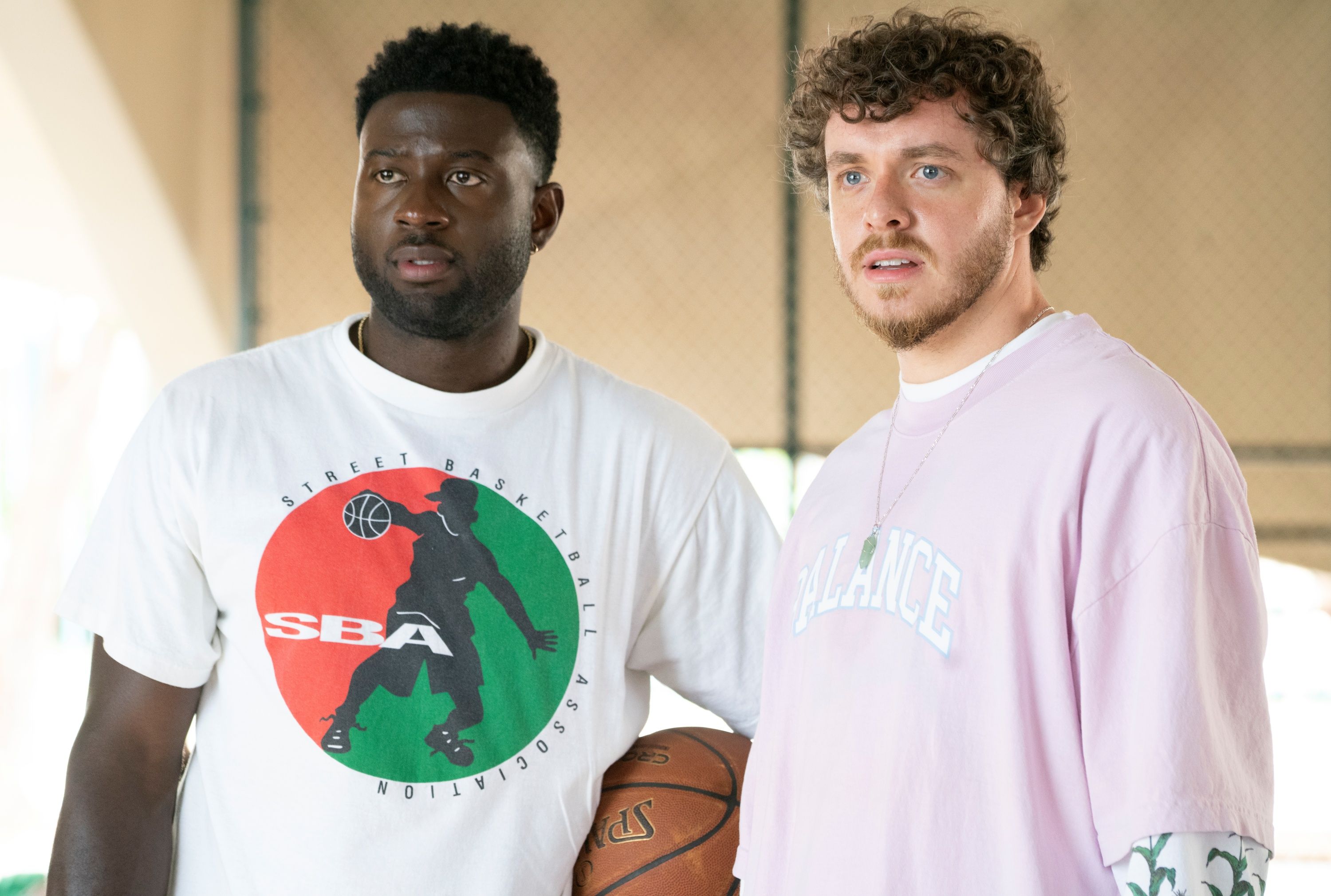 Jack Harlow as Jeremy and Sinqua Walls as Kamal in White Men Can't Jump