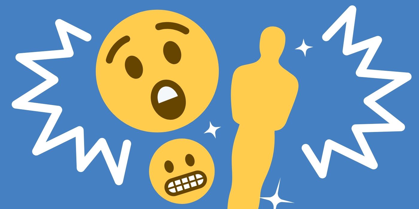 Custom images of the silhouette of an Oscar against a blue background with two emojis