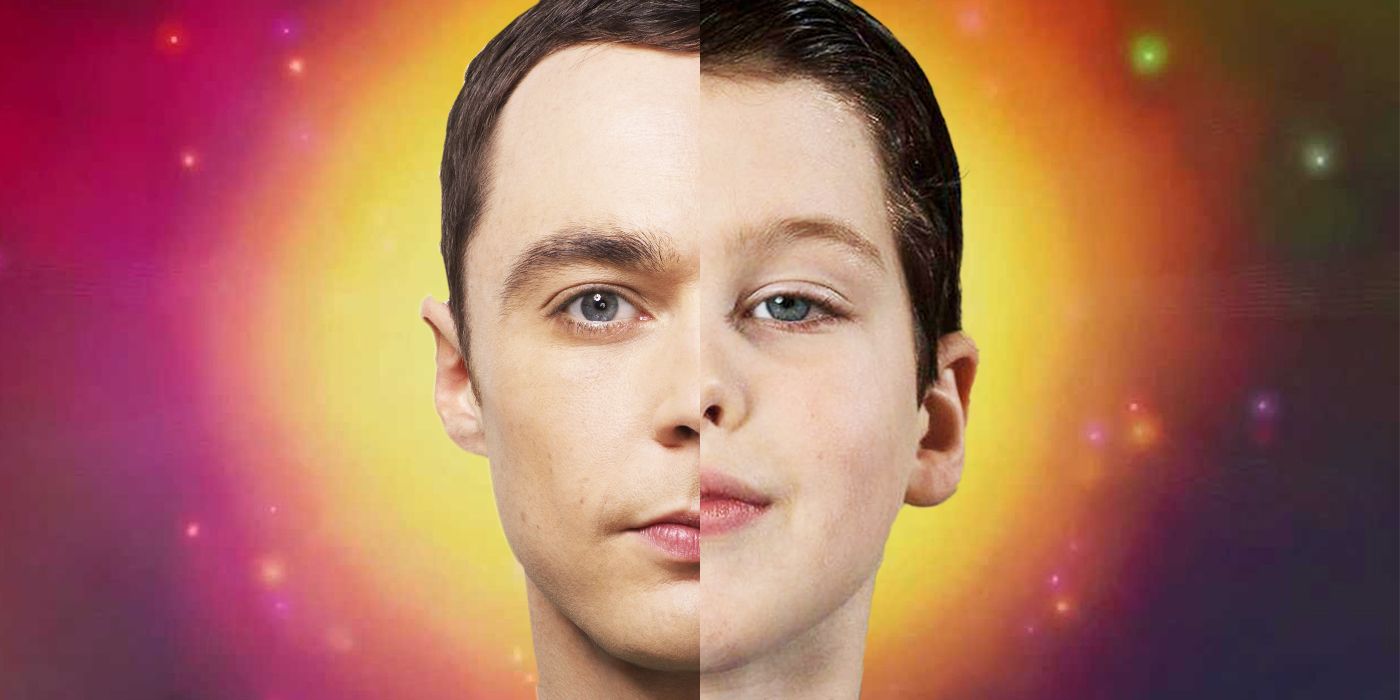 Jim Parsons and Sheldon Cooper in The Big Bang Theory, and Iain Armitage as Sheldon Lee Cooper in Young Sheldon. Parsons (L) and Armitage's (R) faces are merged into one