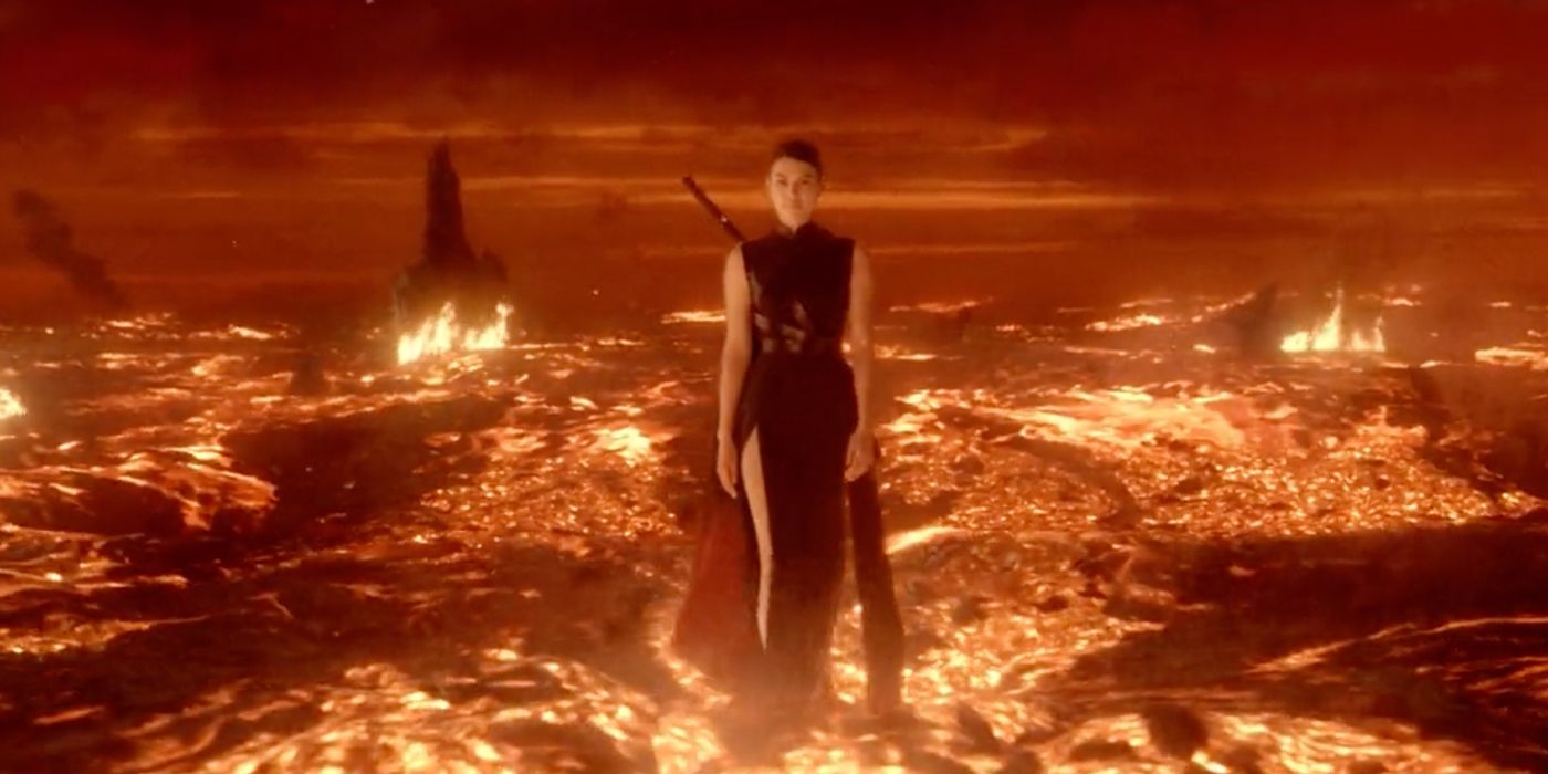 A woman standing in a river of lava in 3 Body Problem