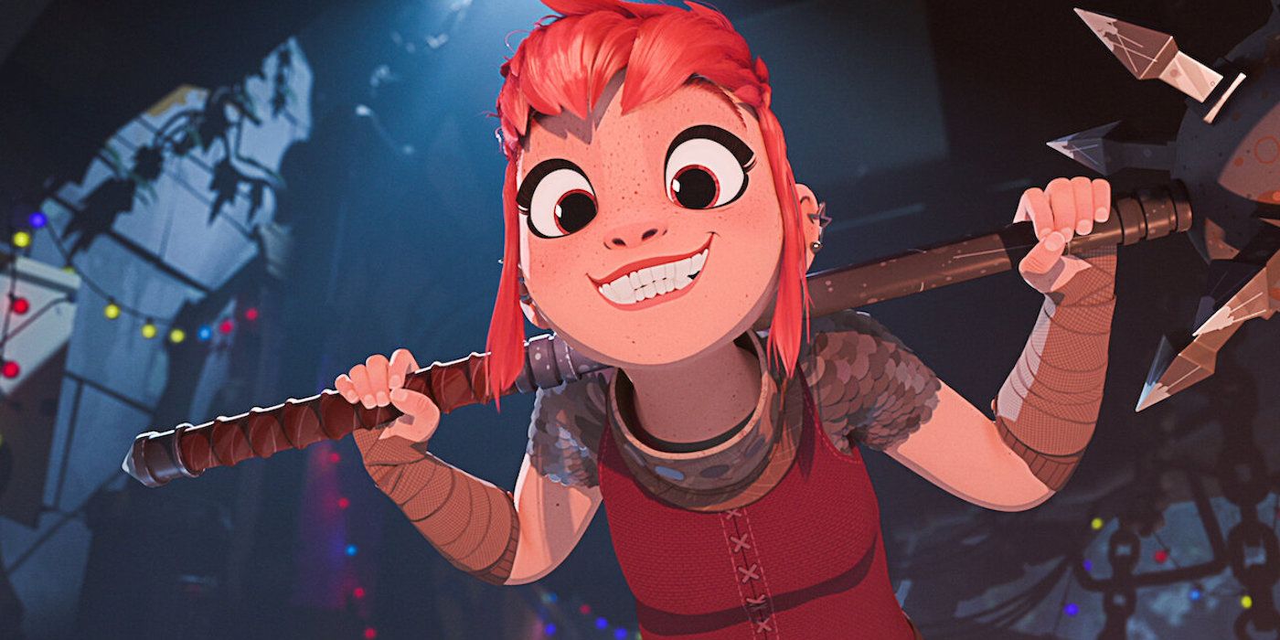 Nimona smiling widely while leaning down and looking at someone off-camera in Nimona