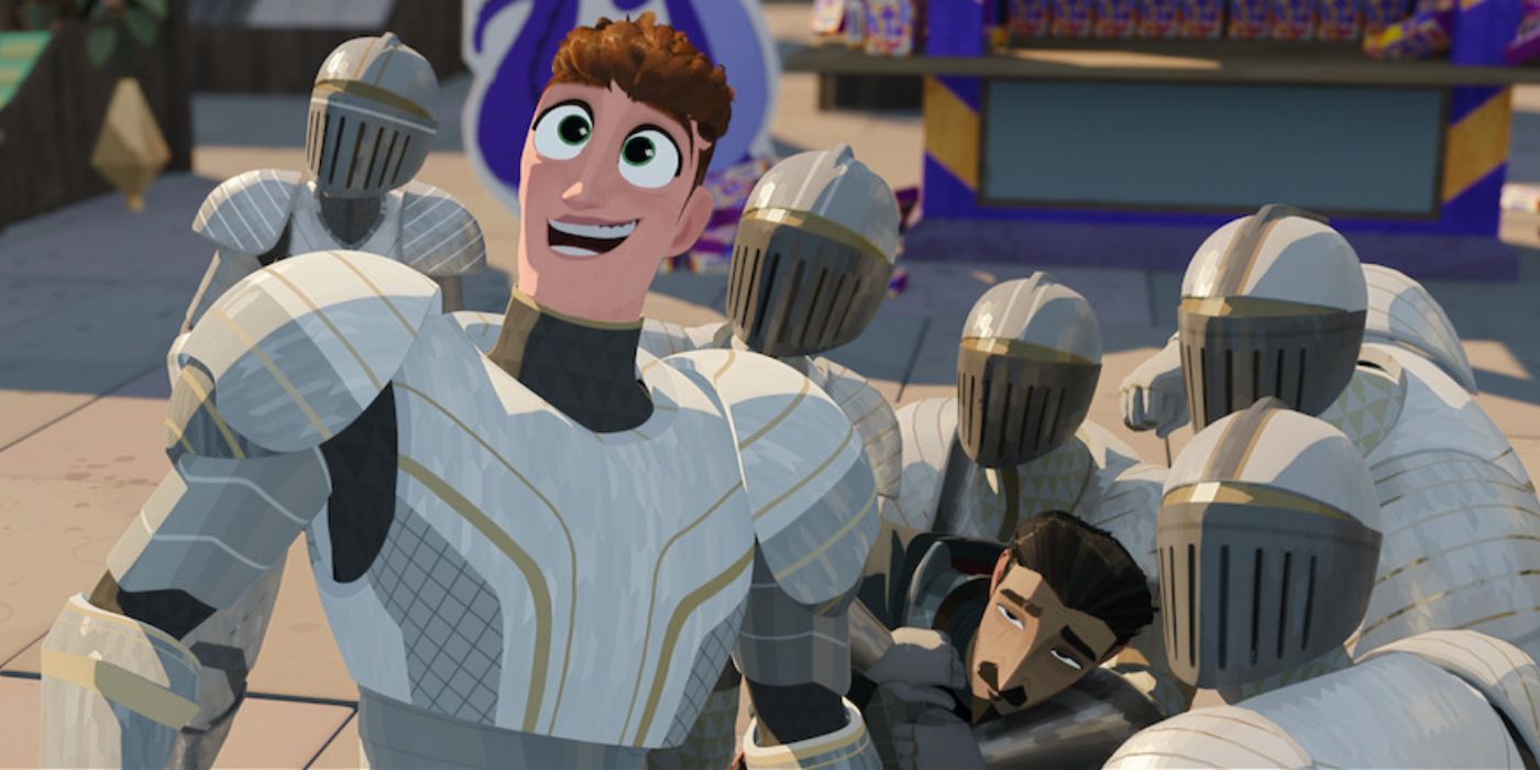 Baker Bennett as Todd Sureblade Standing at Nimona with a group of knights