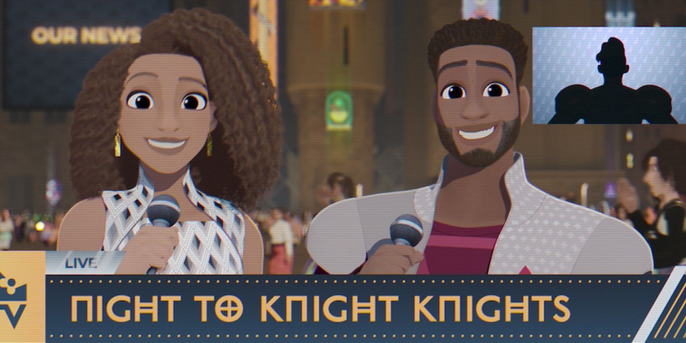 Indya Moore as Alamzapam and RuPaul Charles as Nate on newscast in Nimona