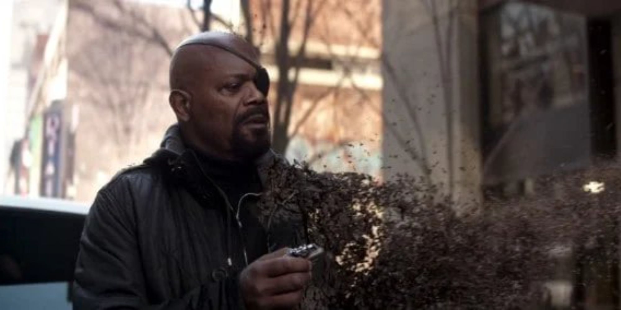 Samuel L. Jackson as Nick Fury, turning into dust in Avengers: Infinity War