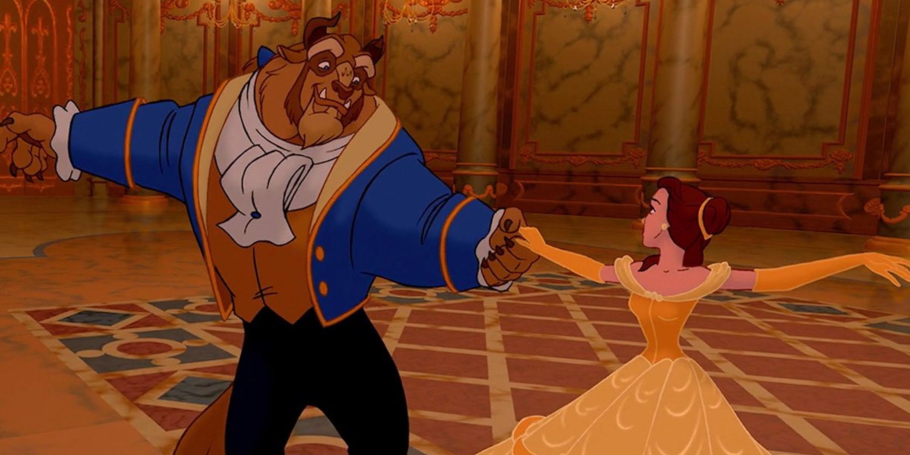 The Beast and Belle dressed up and dancing in the ballroom in Beauty and the Beast