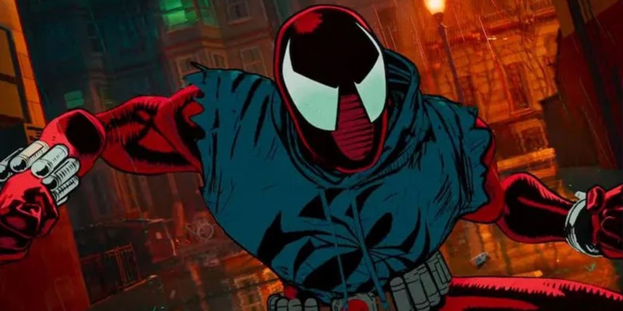 Ben Reilly aka Scarlet Spider in 'Spiderman Across the Spider-verse', he is wearing a red bodysuit with a blue hoodie vest with a spider logo