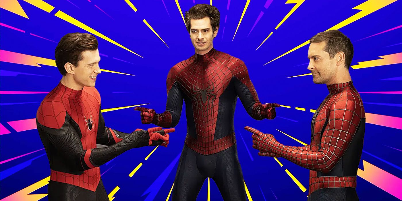 Tom Holland, Andrew Garfield and Tobey Maguire as Peter Parker/Spider-Man, imitating the Spider-Man pointing at himself meme, in Spider-Man: No Way Home 