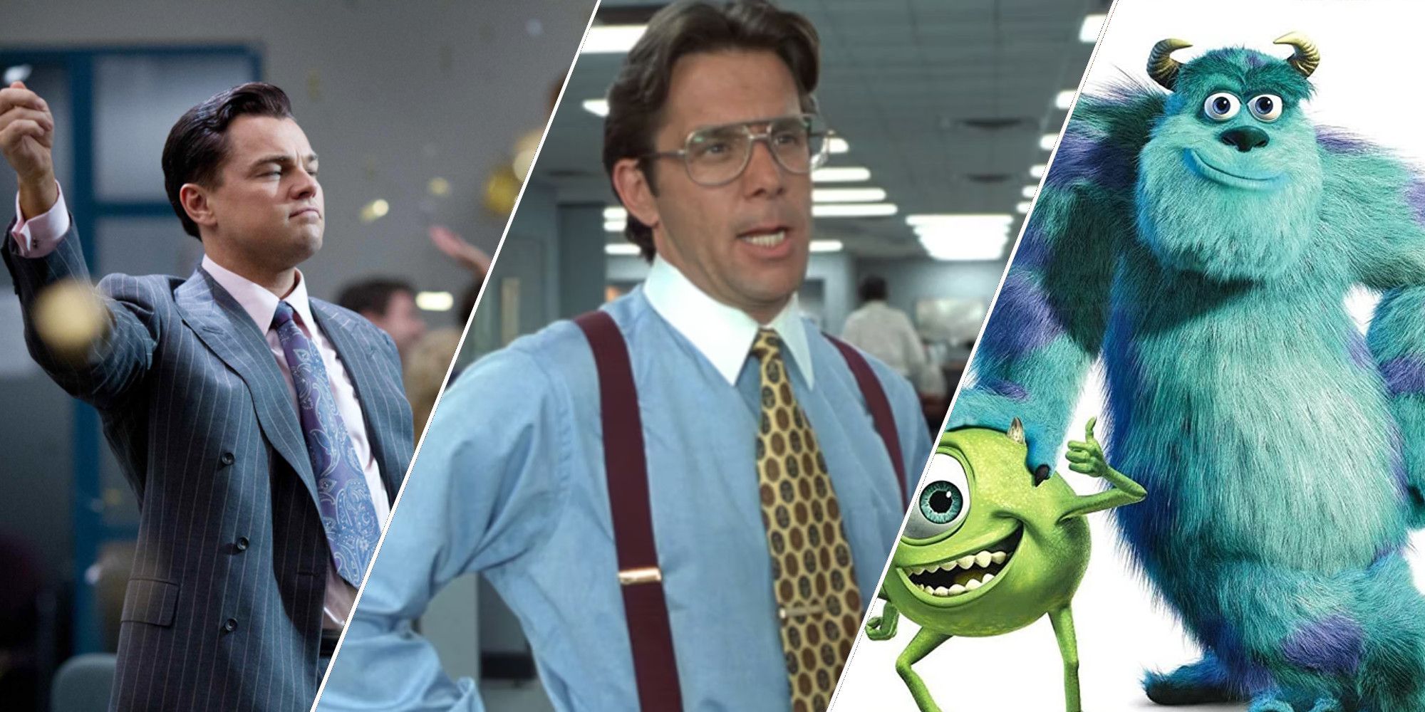 A collage featuring stills from The Wolf of Wall Street, Office Space, and Monsters Inc.