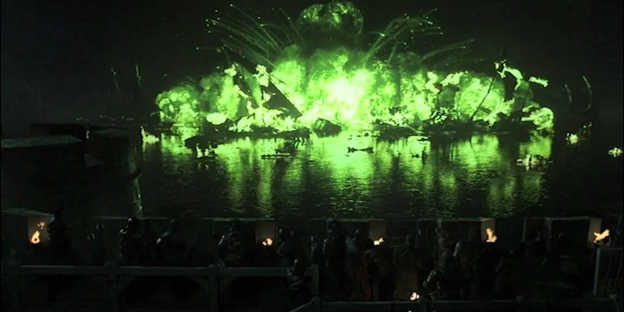 Wildfire explodes, destroying Stannis' fleet in Game of Thrones.