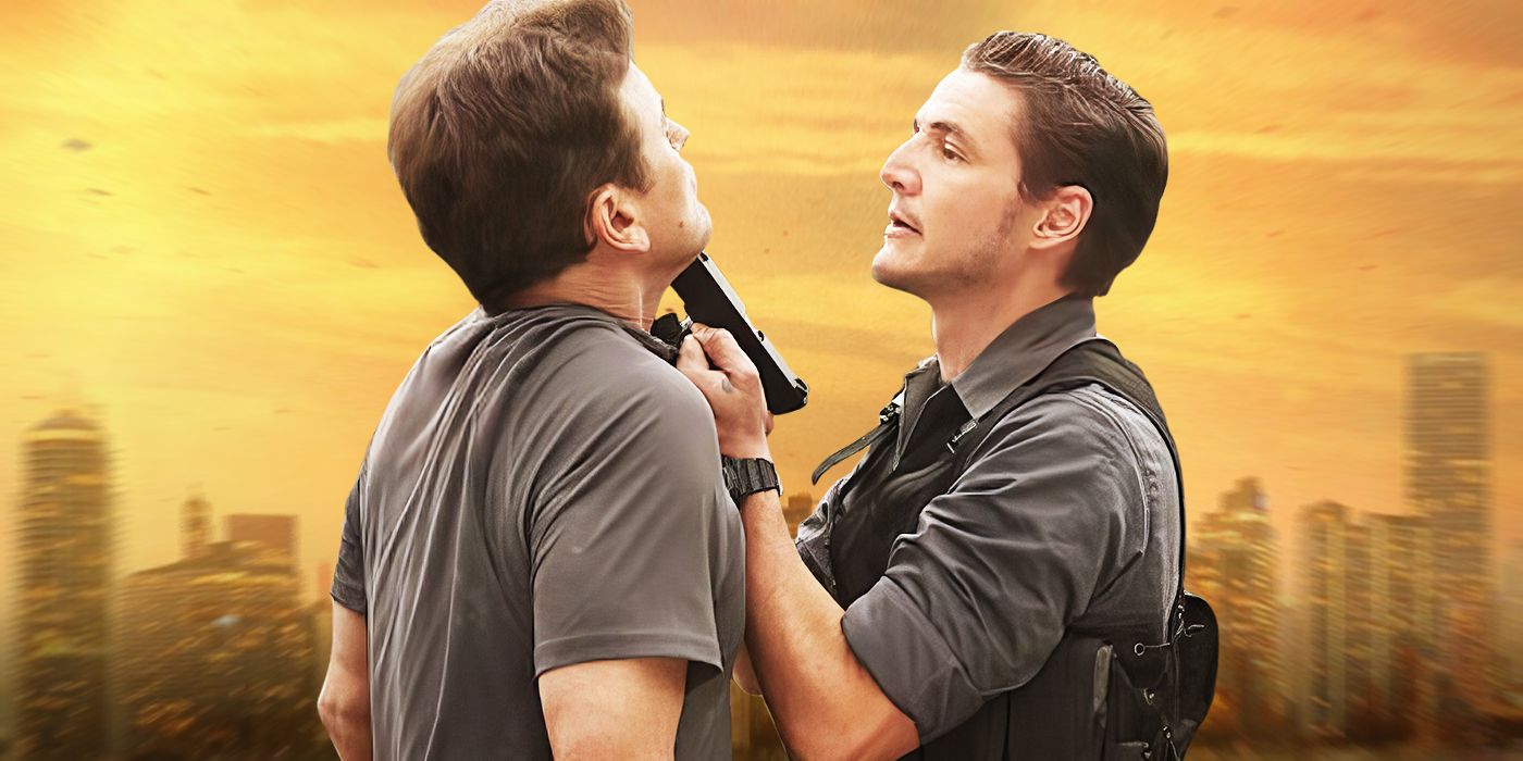 Pedro Pascal holding a gun to Bruce Campbell's throat in Burn Notice: The Fall of Sam Axe