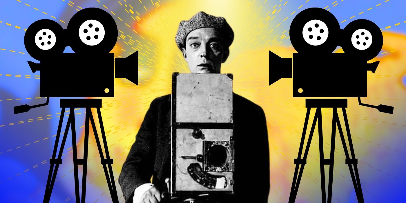 Blended image showing Buster Keaton in The Camera Man with two cameras, one on each side.