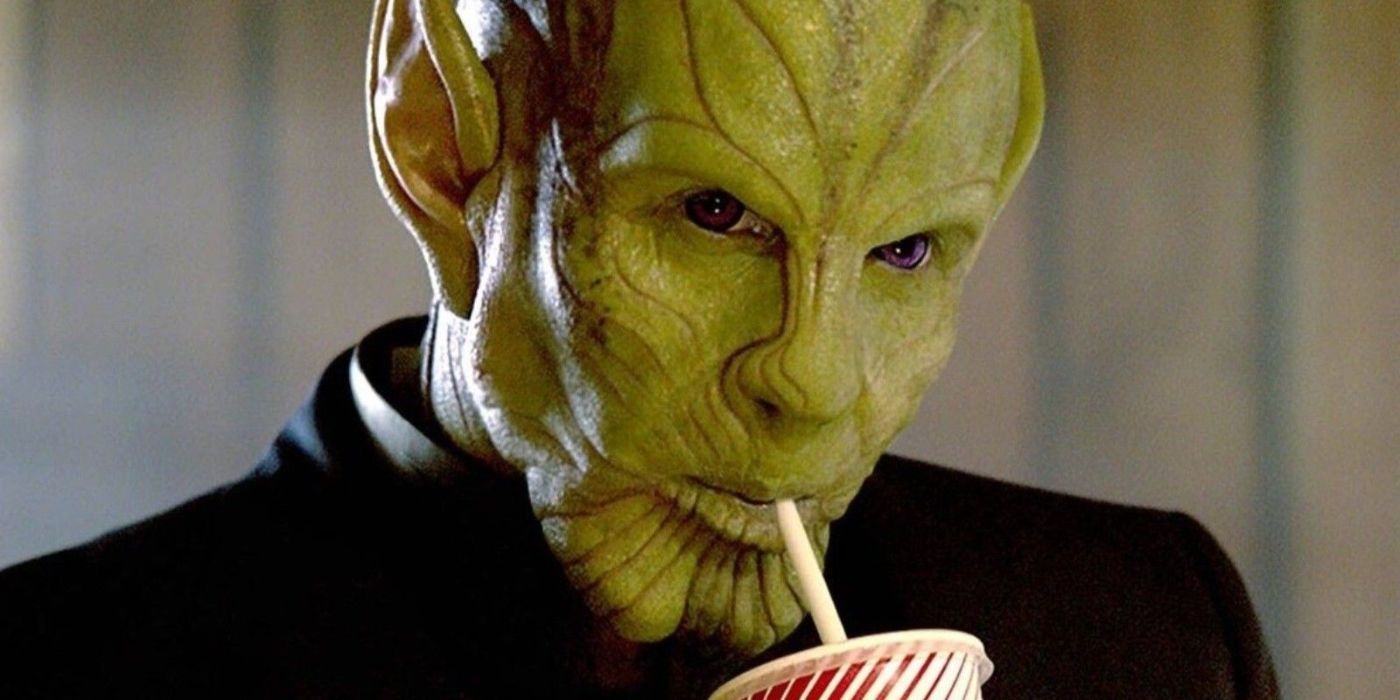 Ben Mendelsohn as Talos drinking soda in &lsquo;Captain Marvel&rsquo;