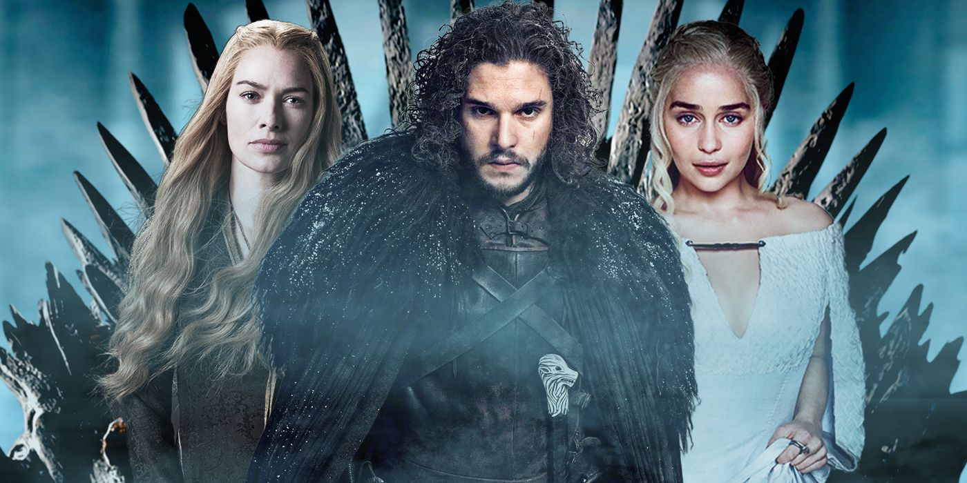 Blended image showing Cersei Lannister, Jon Snow, and Daenerys Targaryen against the Iron Throne.