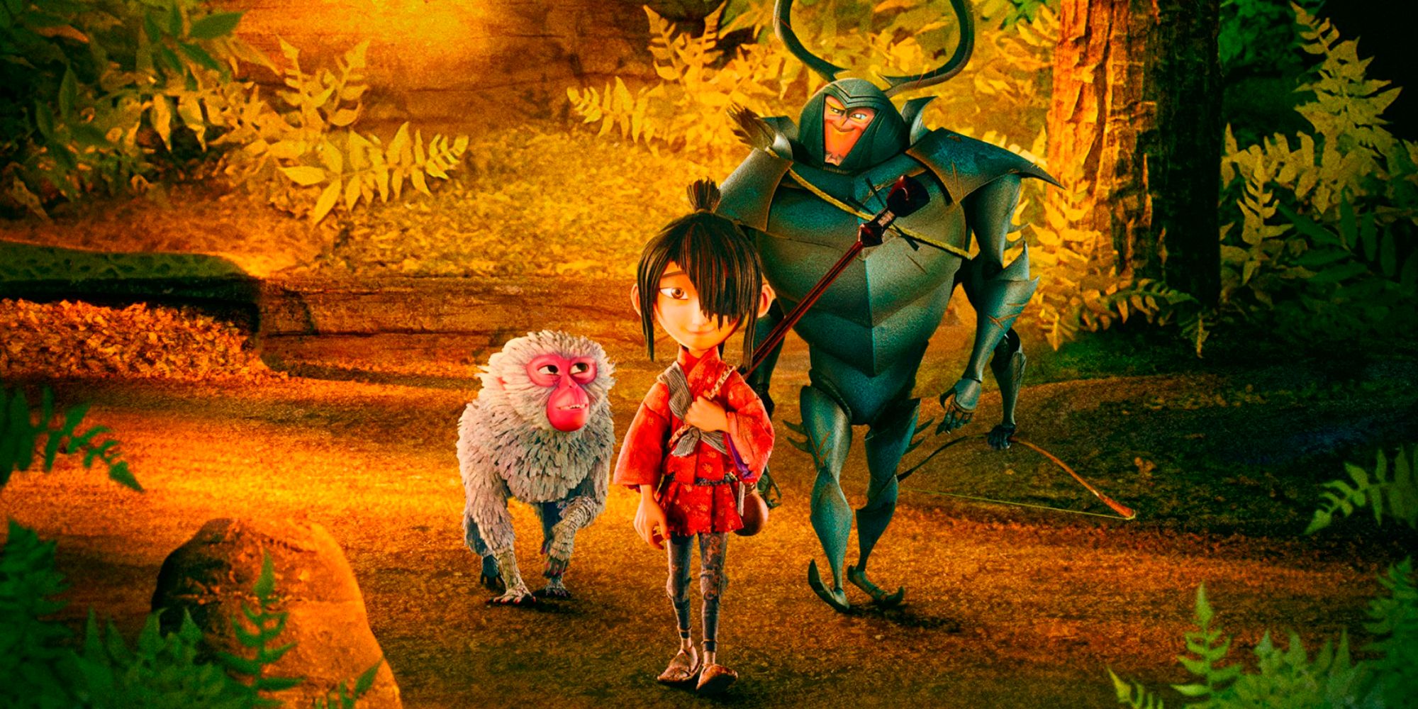 Characters from Kubo and the Two Strings walking through a forest