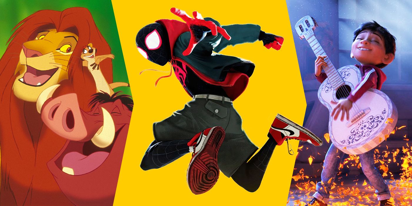 Characters from The Lion King, Spider-Man Into the Spider-Verse, and Coco