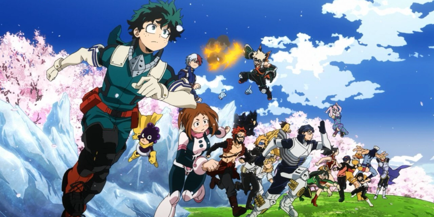 Class 1-A running in the same direction through a green field in My Hero Academia