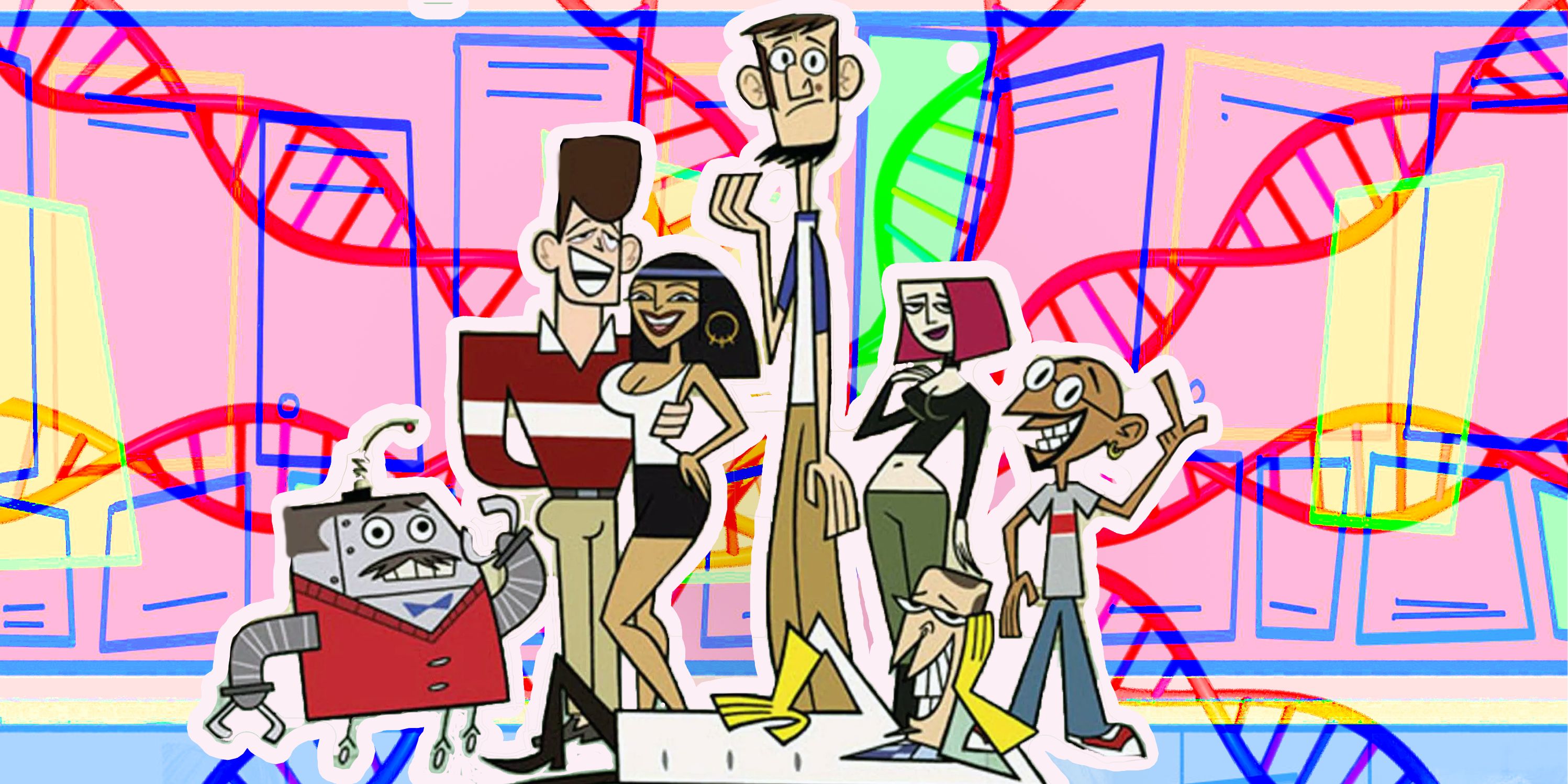 Stylized Image of the Characters from Clone High, they are together in a group and there are dna strangs surrounding them