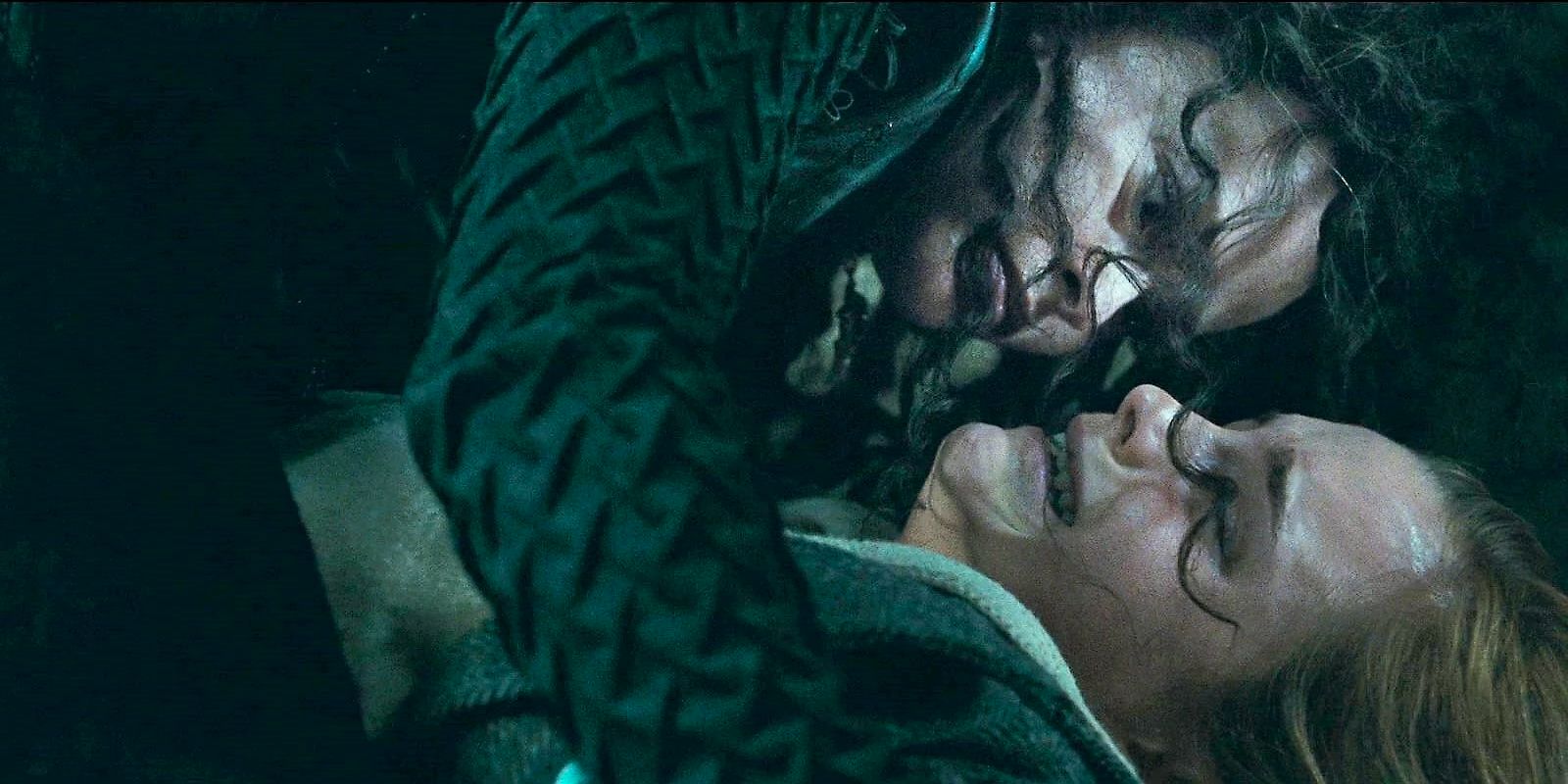 Bellatrix Lestranage tortures Hermione Granger with the Cruciatus Curse.