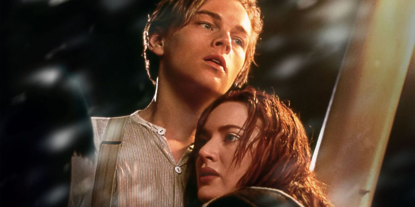 Leonardo DiCaprio and Kate Winslet as Jack and Rose embrace as the ship sinks in Titanic