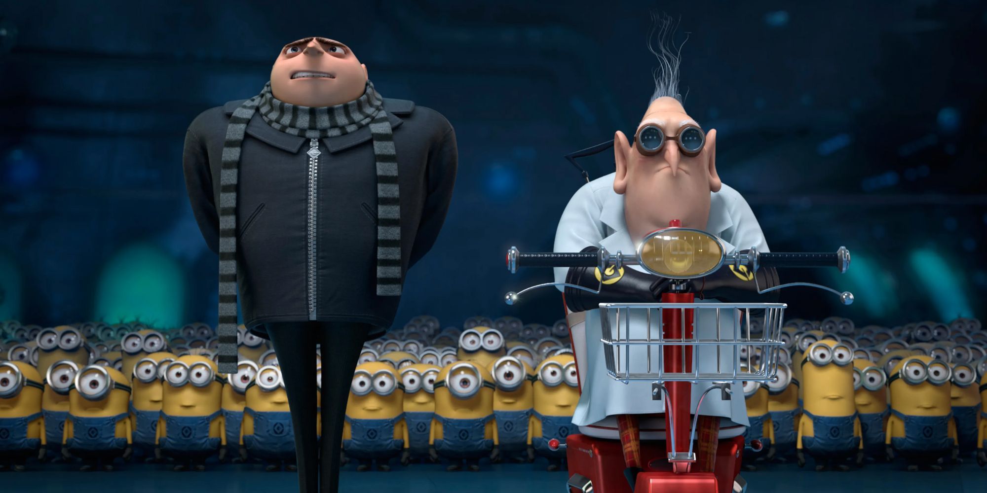 Gru (left) and Dr. Nefario (right) stand with an army of minions at their back