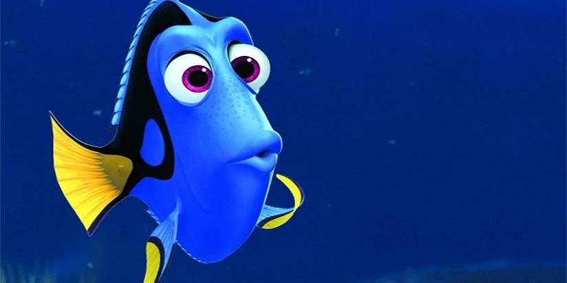Dory, a blue tang fish voiced by Ellen DeGeneres looking confused in Finding Nemo.