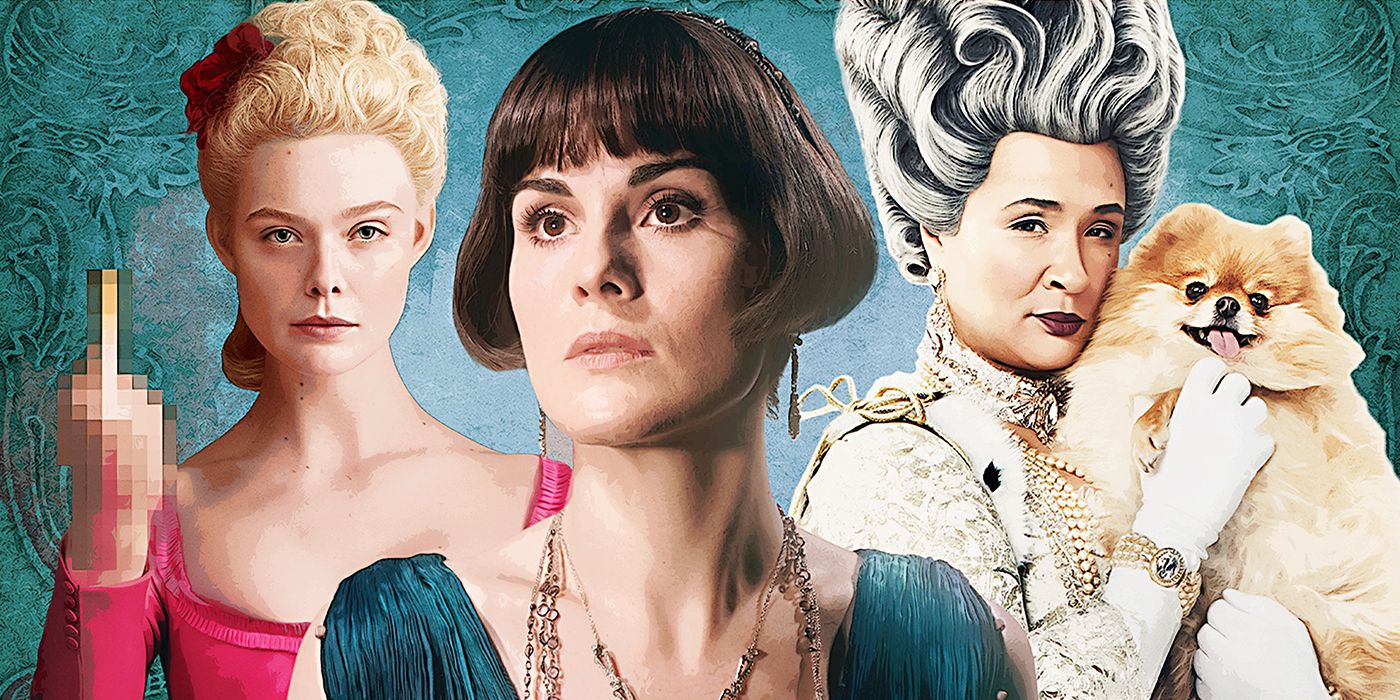 Elle Fanning in The Great, Michelle Dockery in Downton Abbey, Golda Rosheuvel in Bridgerton