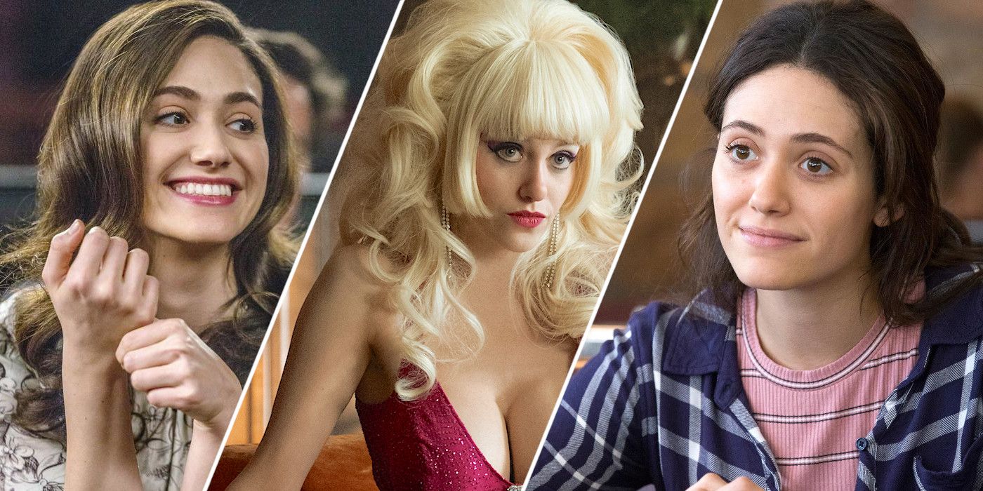 Split image showing Emmy Rossum in A Futile and Stupid Gesture, Angelyne, and Shameless