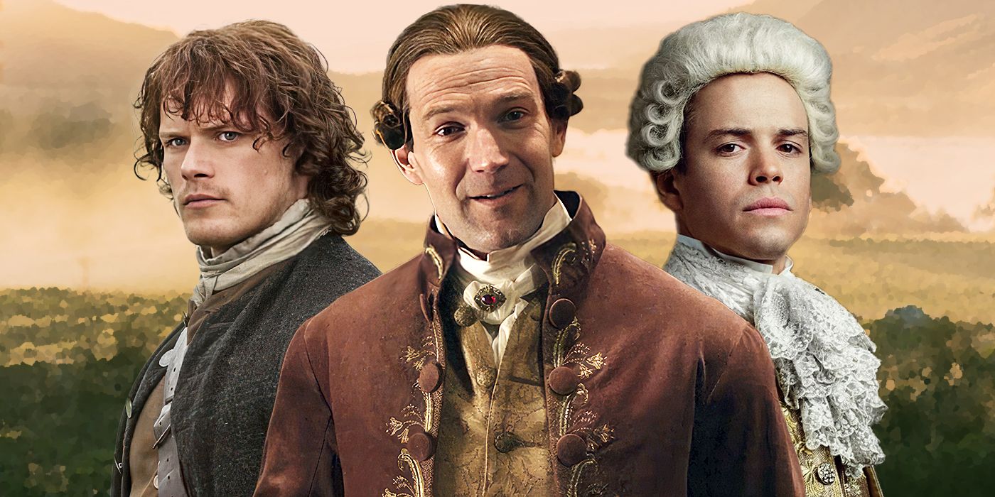 from L to R: Sam Heughan as Jamie Fraser, Simon Harrison as George Washington, and Lionel Lingelser as King Louis XV