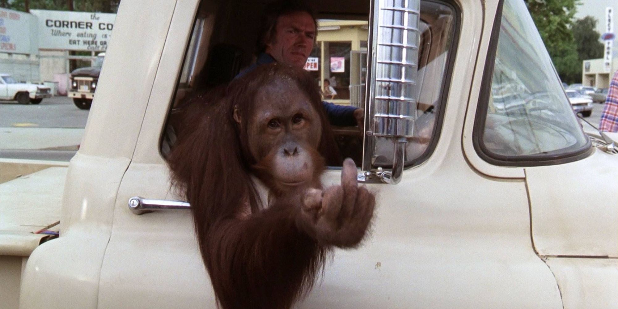 Clint Eastwood driving while his pet orangutan flips someone off from the passenger seat in Every Which Way but Loose