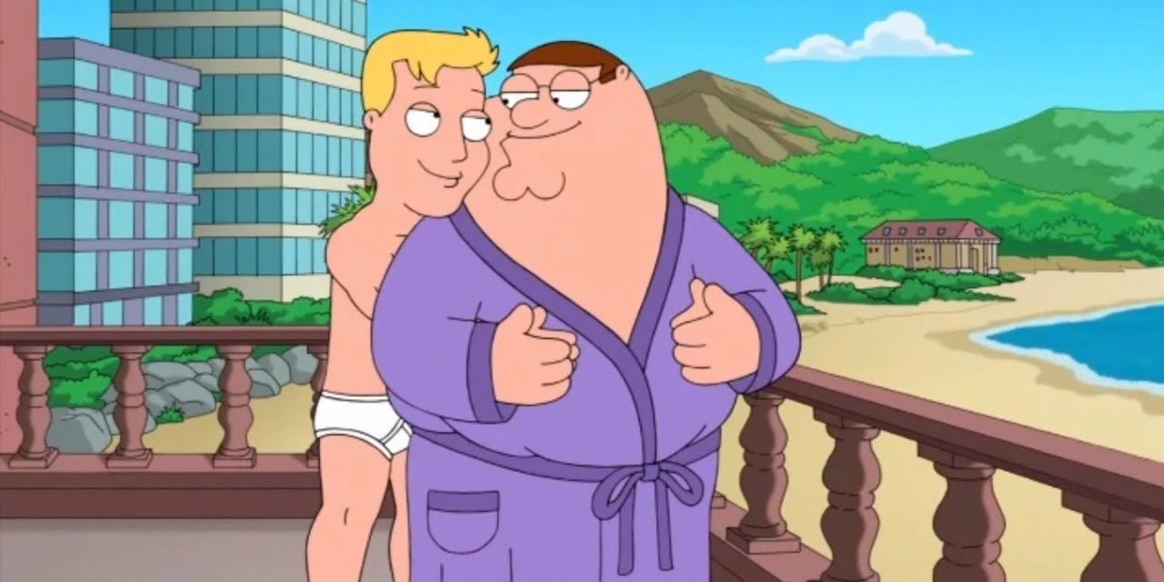 Peter and Scott cuddling together on a balcony in Family Guy - Family Gay