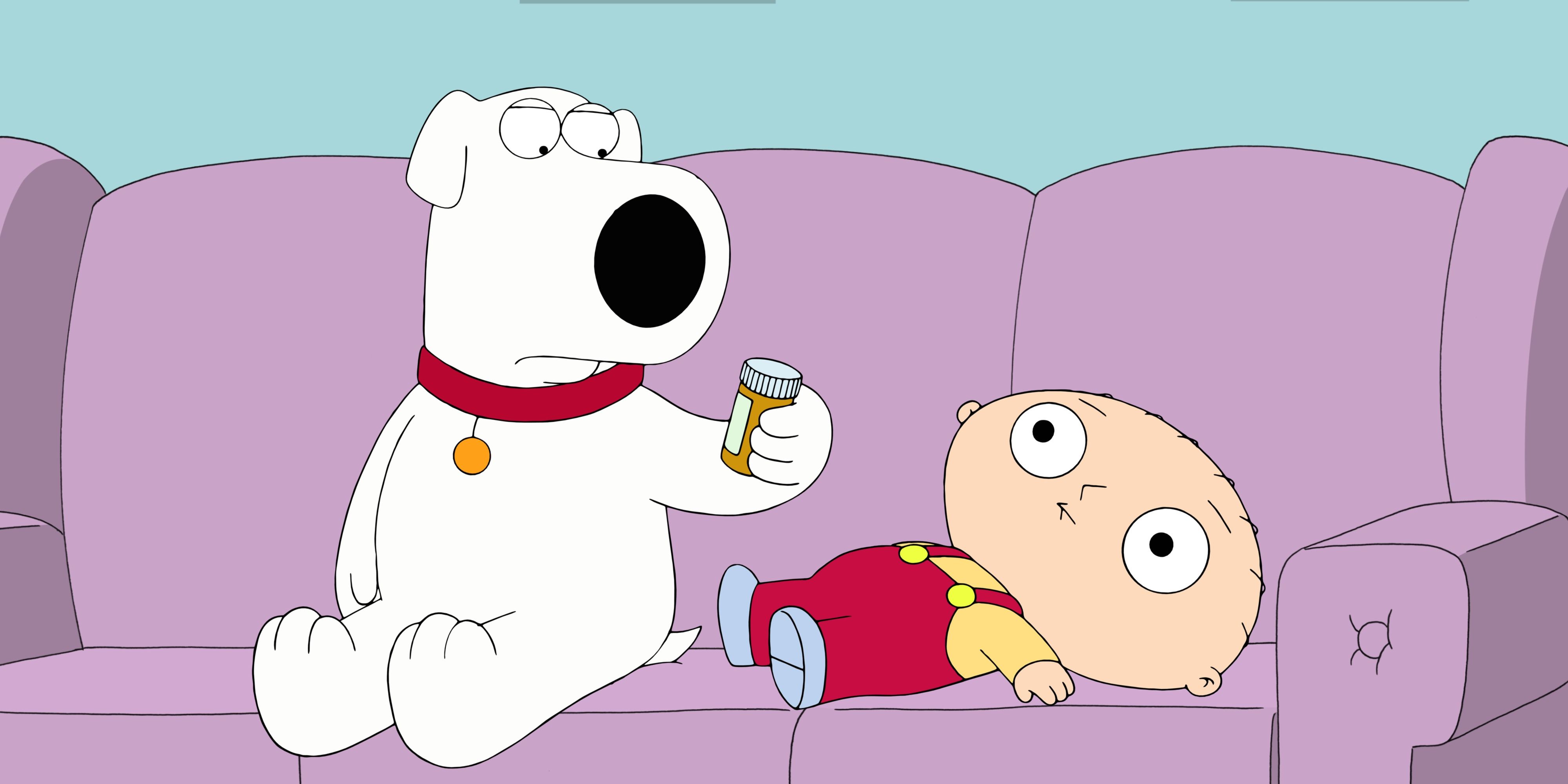 Brian sitting next to a drugged out Stewie in Family Guy - Pilling Them Softly