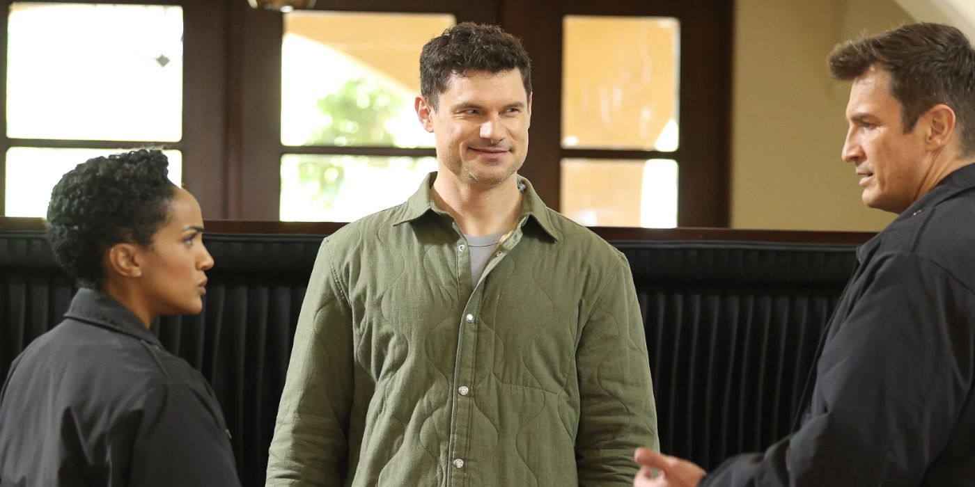 Flula Borg in 'The Rookie'; Nolan and Harper talk with Skip Tracer Randy standing between them.