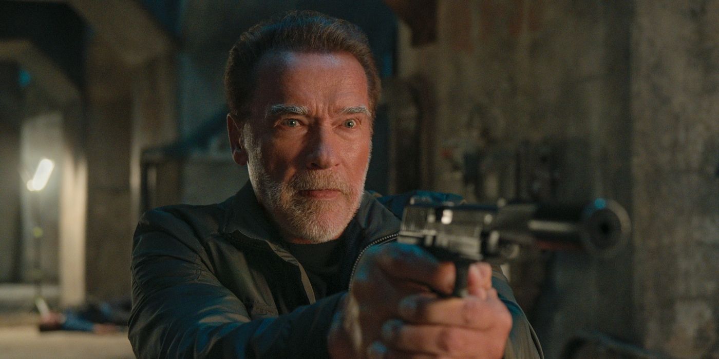 Arnold Schwarzenegger as Luke Brenner holding a gun in 'FUBAR.' 