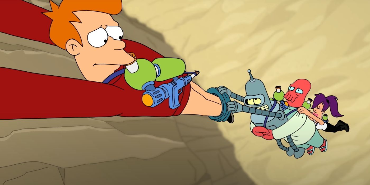 Fry takes off his pants and hangs from a cliff with Bender, Zoeberg and Lila