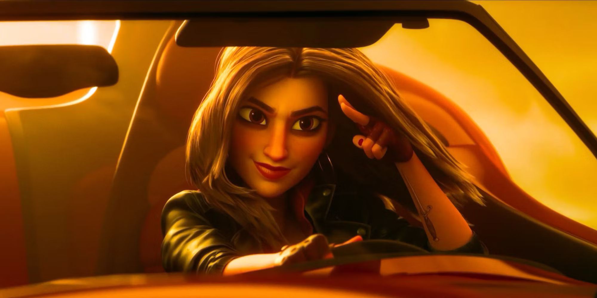 Gal Gadot as Shank in Ralph Breaks the Internet, Shank driving her car and saluting