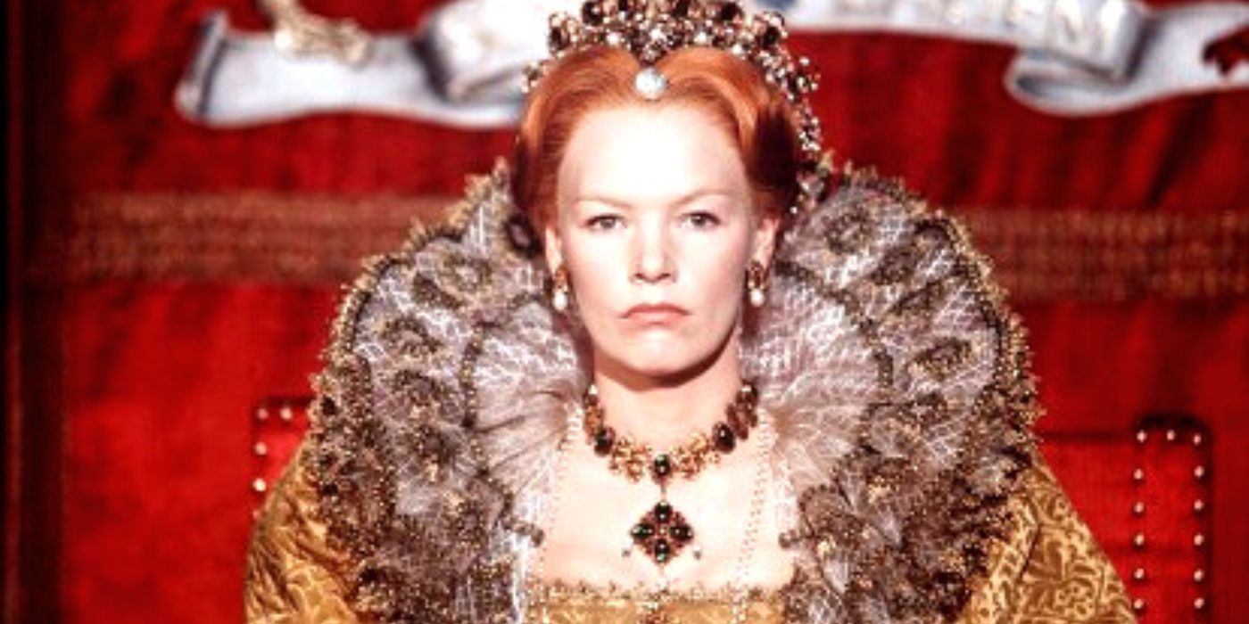 Queen Elizabeth I in her throne looking intently at the camera in Elizabeth R (1971)