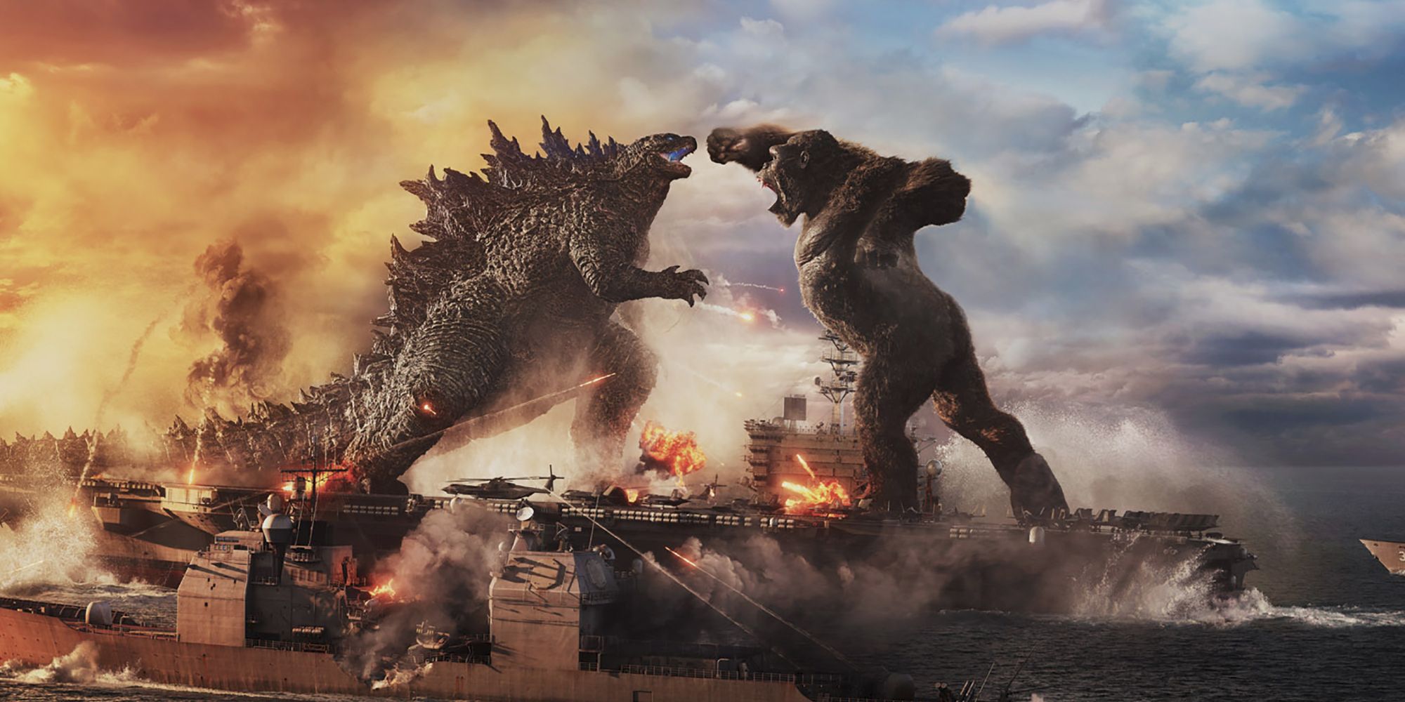 Godzilla and Kong fighting on an oil rig in the film Godzilla vs. Kong.