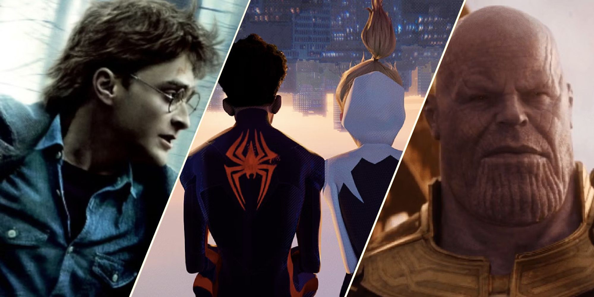 A collage featuring stills from Harry Potter and the Deathly Hallows: Part One, Spider-Man: Across the Spider-Verse, and Avengers: Infinity War