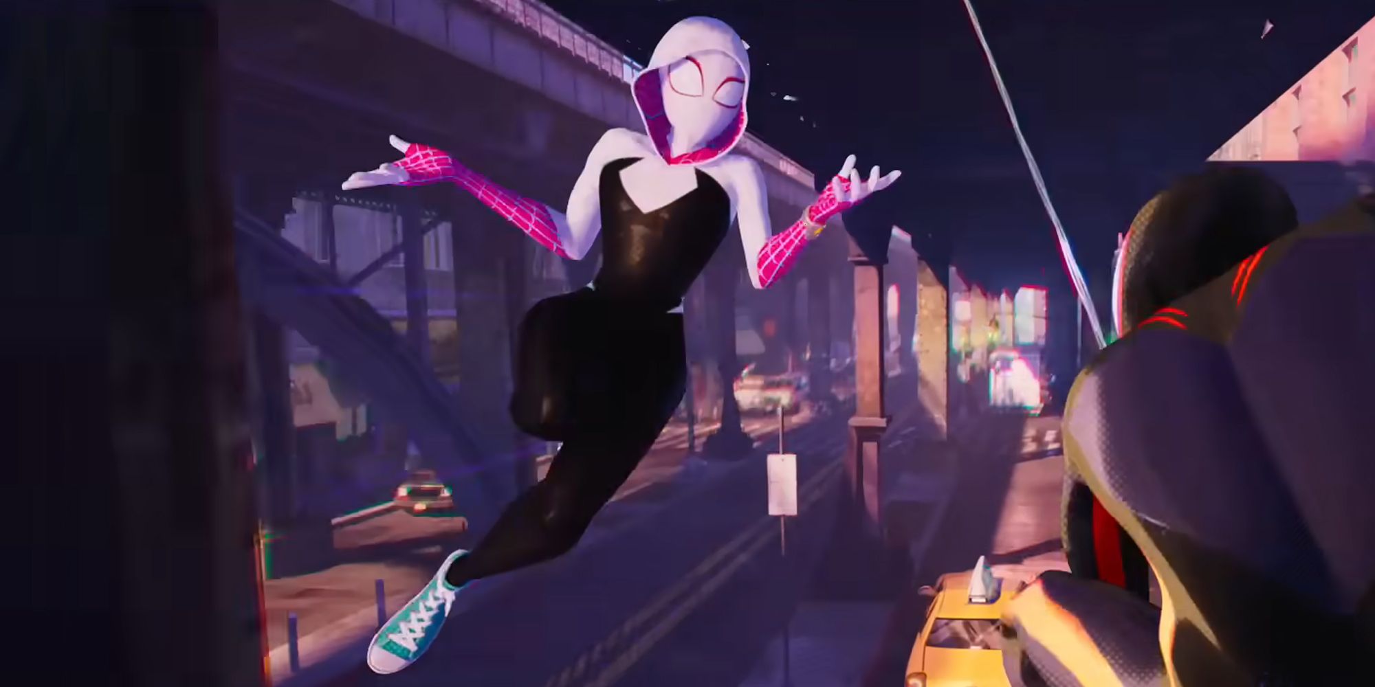 Gwen Stacy SpiderWoman from 'Spider-Man Across The Spider-Verse', she is swinging in the air shrugging her arms
