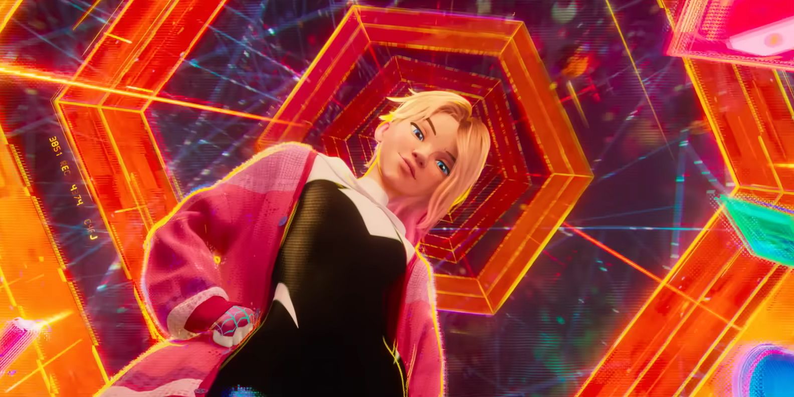 Gwen Stacy 'Örümcek Adam: Spidervers'in karşısında' Örümcek-Kadın olarak, parlak turuncu altıgenlerle çevrilidir