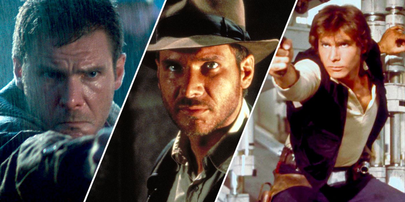 Harrison Ford as Rick Deckard in Blade Runner, Indiana Jones in Raiders of the Lost Ark, and Han Solo in Star Wars