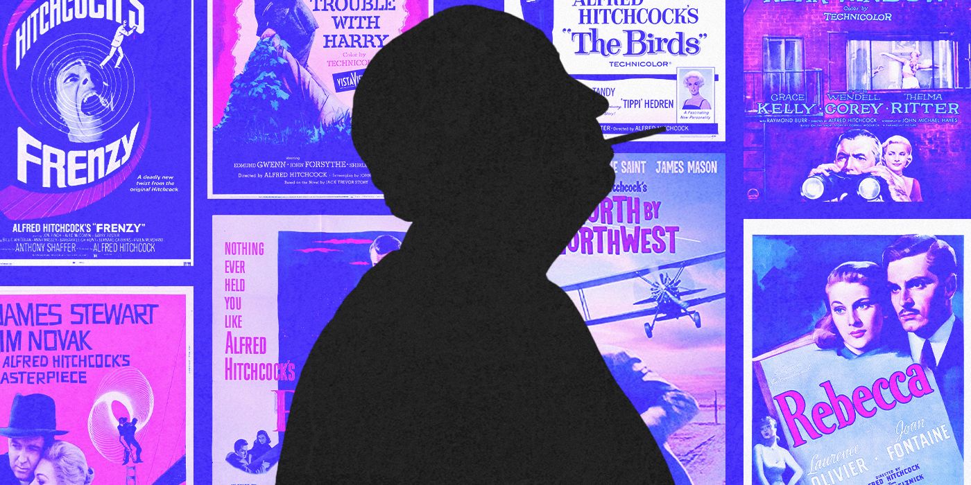A custom image that features the silhouette of Alfred Hitchcock in front of his movie posters