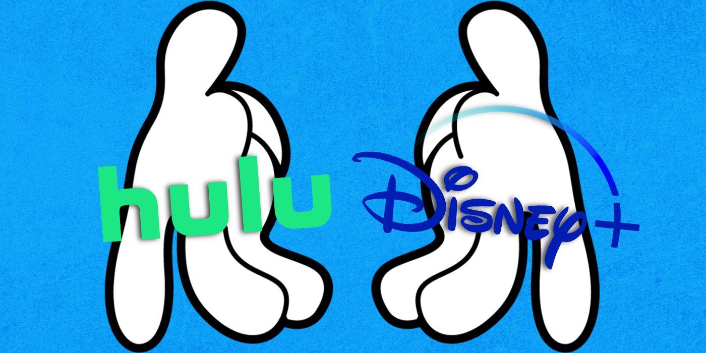 Image personnalisée des logos Hulu et Disney+ révélés par les mains de Mickey Mouse sur fond bleu