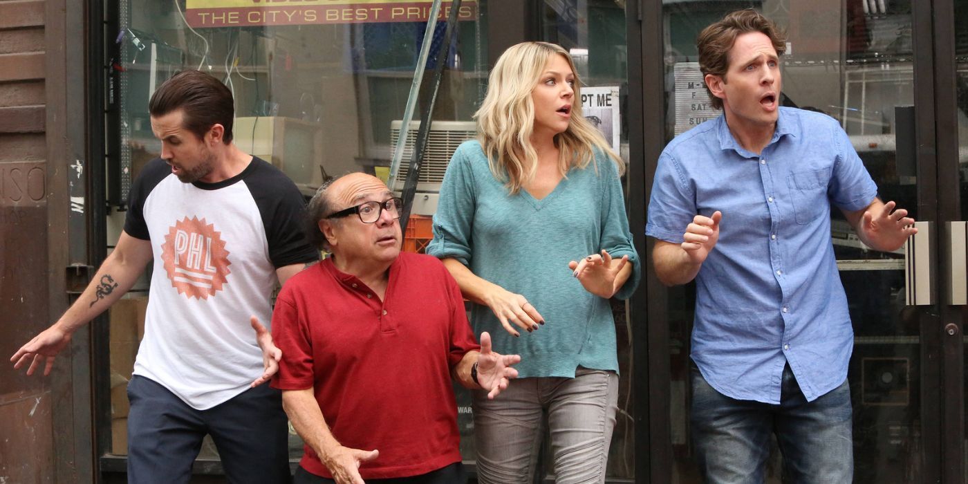 The gang looks confused on the street in It's Always Sunny in Philadelphia, "The Gang Turns Black" musical episode